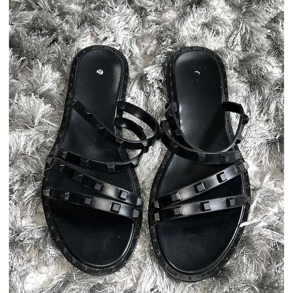 Studded Strappy Sandals Women 6 Black‎ Slip On Gladiator Slides Edgy Festival